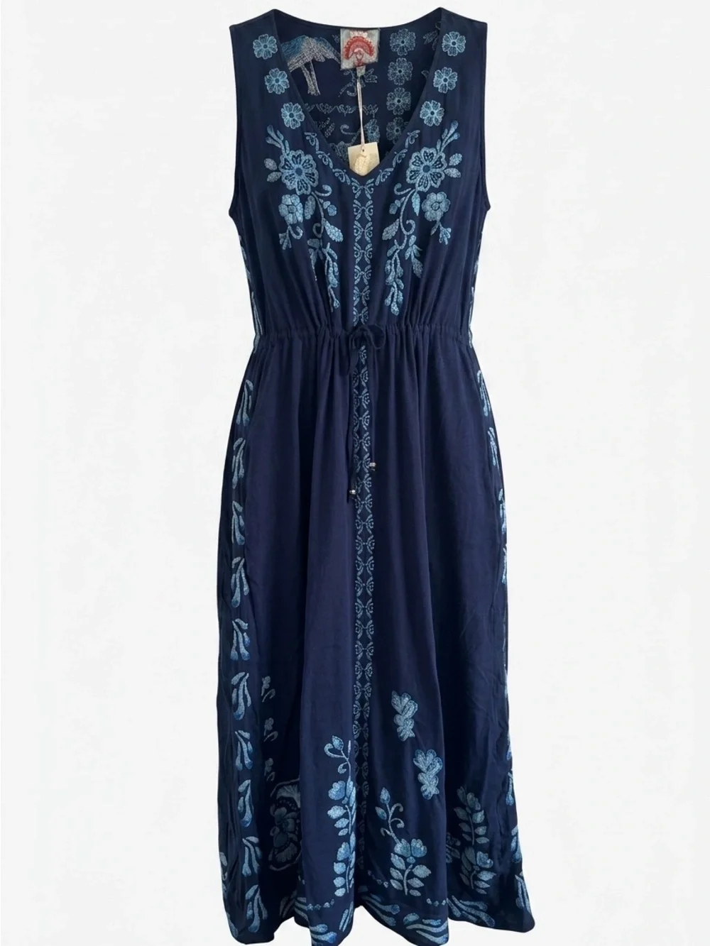 NWT JOHNNY WAS EMBROIDERED BLUE BOHO DRAWSTRING RESORT WEAR YADIRA MIDI DRESS 3X - Picture 7 of 10
